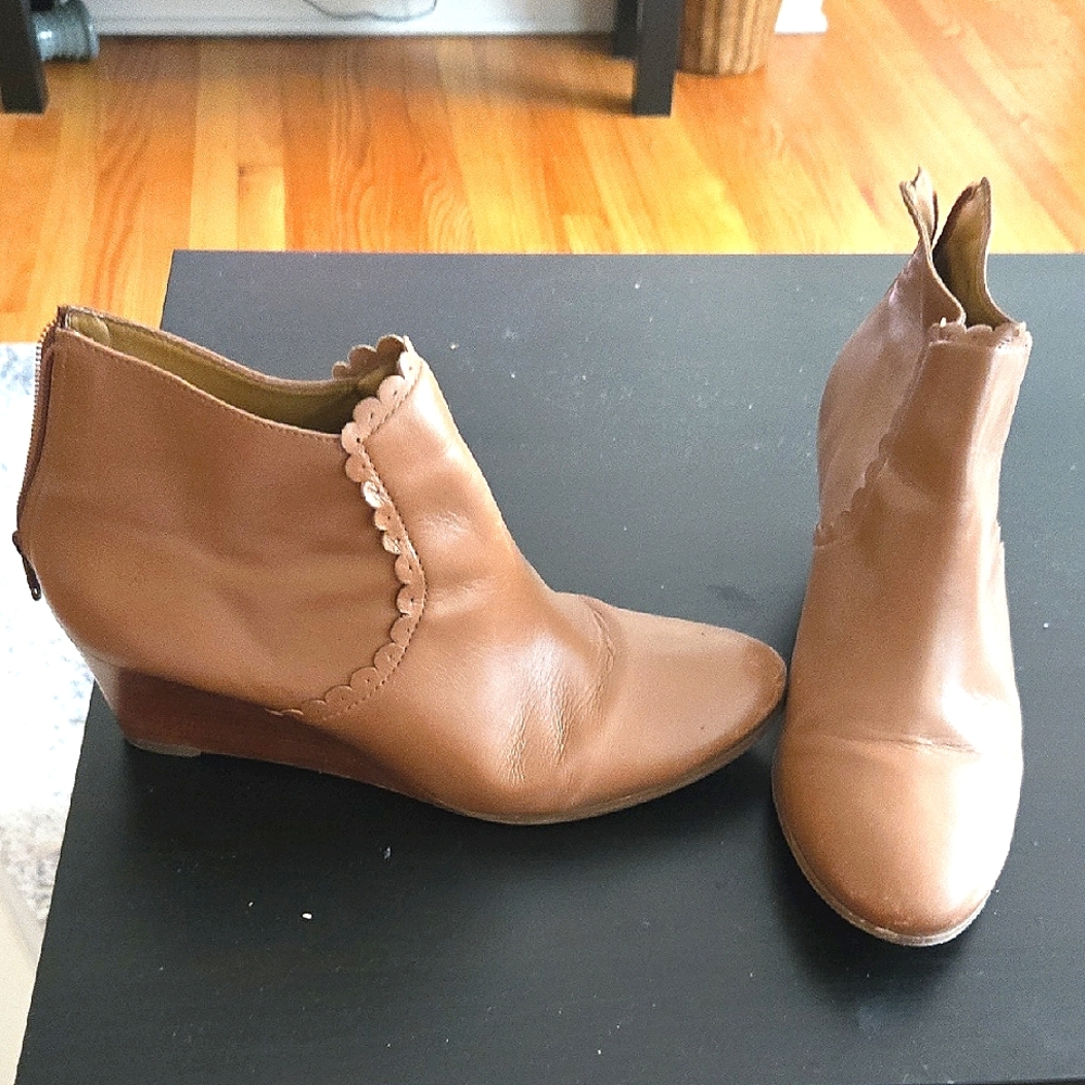 Tan Brown Leather Wedge Ankle Boots